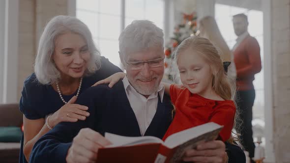 Grandparents Reading a Book with Granddaughter Preparing for Christmas Eve