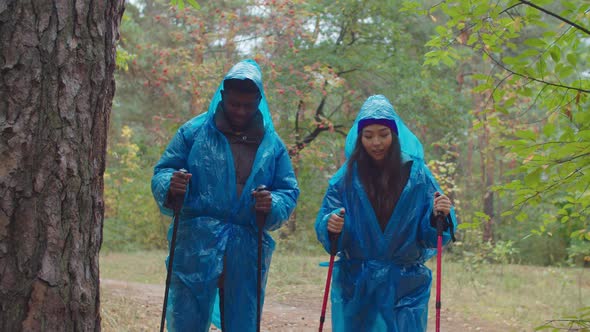 Couple Tourists in Raincoats Trekking in Woodland