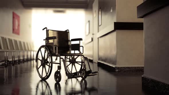 Zooming view of a wheelchair in the hospital hallway. Inspiring environment. HD