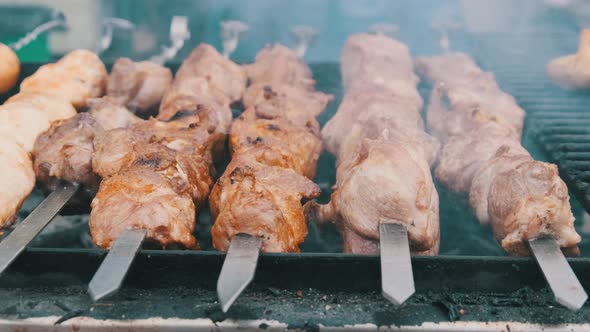 Shish Kebab and Mushrooms on Skewers Cooked on Barbecue at Street Food Festival