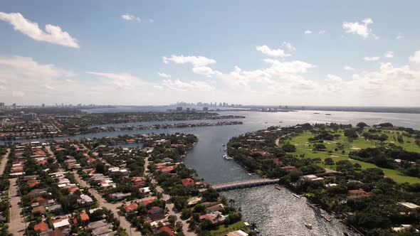 5k aerial panorama Miami Beach view of bay and waterfront homes