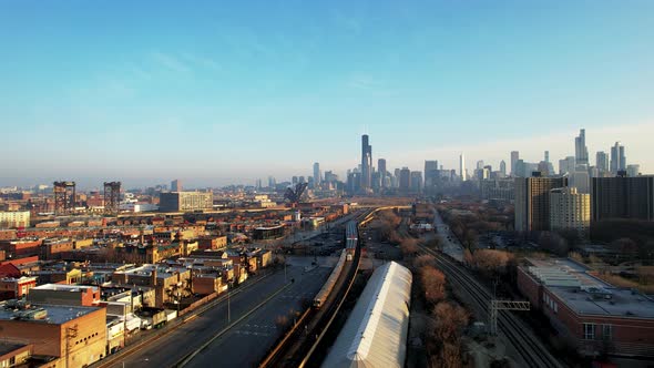 Subway and City Of Chicago Skyline Aerial Drone