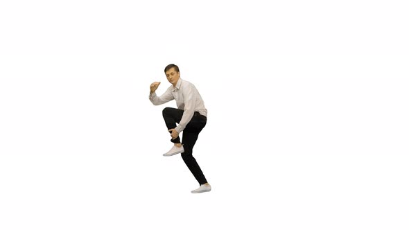 Excited Office Worker Break Dancing Alone on White Background.