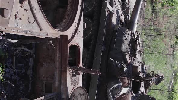 Vertical Video of a Destroyed Russian Military Equipment During the War in Ukraine