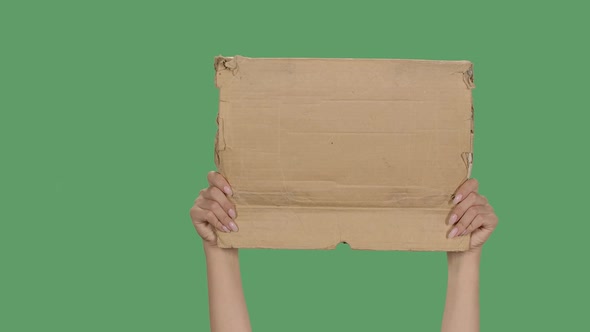 Protest Banner Copy Space. Female Hands Are Holding Blank Cardboard. Advertising Platform. Isolated