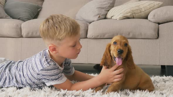 Pretty child boy lying on the floor and hugs little cocker spaniel puppy dog