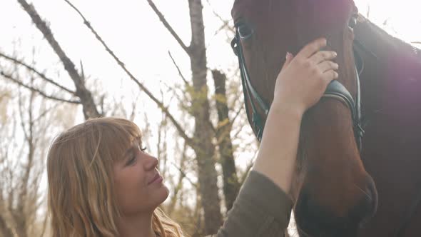 Brown Horse and Beautiful Woman Walk in Forest Enjoy Nature