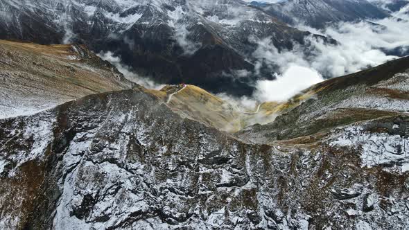 Aerial drone view of nature in Romania. Transfagarasan route in Carpathian mountains