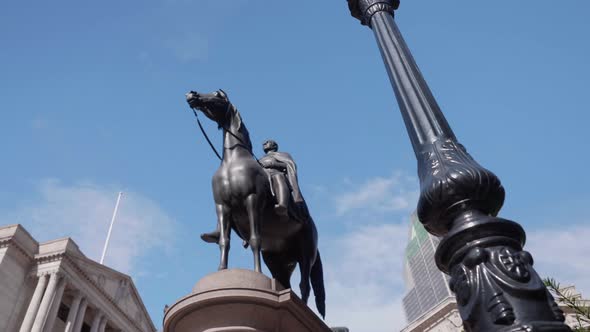 The Duke of Wellington statue in front of the Bank of England in London.