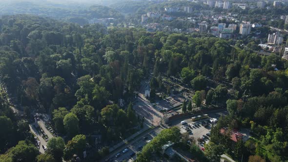 Aerial Shot The City Of Lviv. Lychakiv Cemetery Museum Reserve. Ukraine