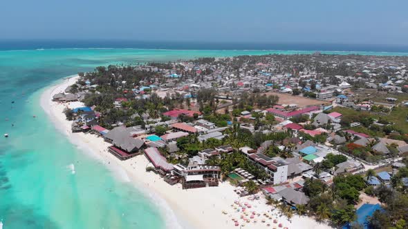 Aerial Paradise Island Sandy Beach Turquoise Ocean and Luxury Hotels Zanzibar