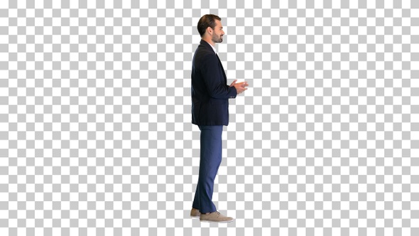 Happy young businessman standing and applauding, Alpha Channel