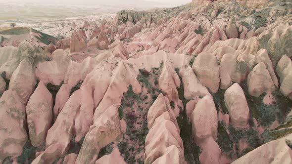 Cappadocia aerial drone view to Red and Rose valley rocks,