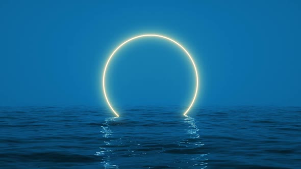 Retro Glowing Circle Frame and Blue Ocean