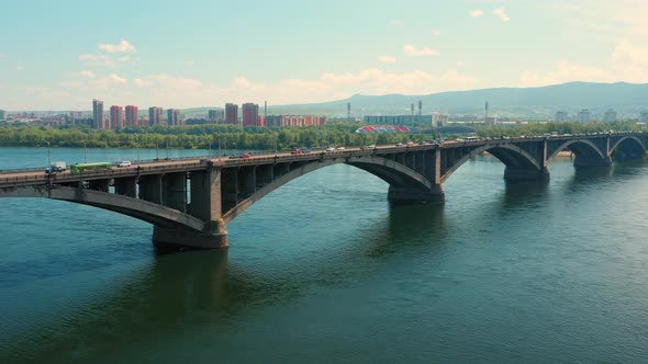 The communal bridge of Krasnoyarsk The river Yenisei Siberia Krasnoyarskiy Kray Krasnoyarsk