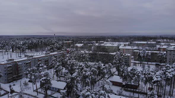 Aerial View of Soviet Town with Lowrise Vintage Buildings on Winter Day