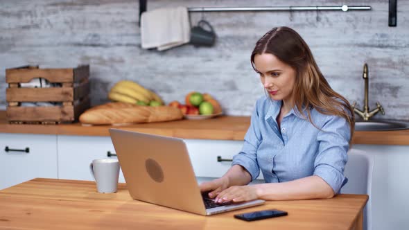Smiling Freelancer Young Woman Working Remotely Use Laptop