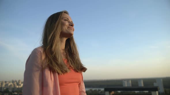 Beautiful Young Woman Enjoying View From Roof Top, Inspiration, Day Dreaming