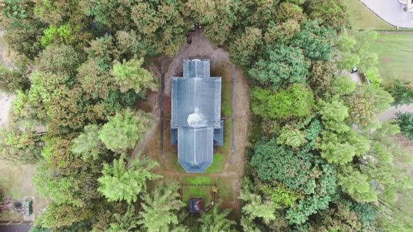 Fly on Drone. Aerial View on Wooden Church
