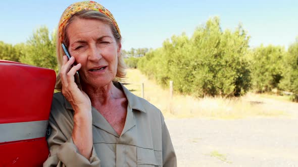 Happy woman talking on mobile phone in olive farm 4k