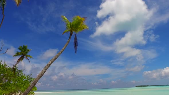 Sunny nature of coast beach by blue water and sand background after sunrise