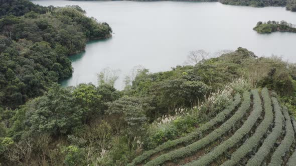 Ascending View of Feitsui Reservoir, Emerald lake, is Second largest water reservoir dam water suppl