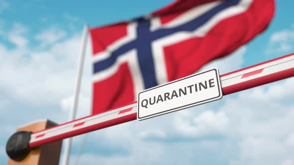 Barrier with QUARANTINE Sign Being Open at Flag of Norway