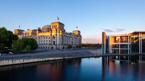 Night to Day Time Lapse of Reichstag Building with Spree River, Berlin, Germany