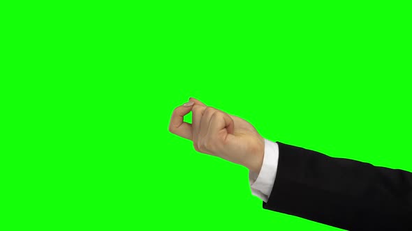 Hand in Black Jacket Calling Someone. Green Screen. Close Up