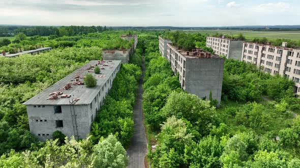 Aerial view of an abandoned housing estate in the village of Sarmellek in Hungary