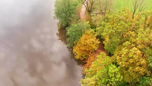 Aerial Above Lake with Autumn Foliage and Tree Reflections in Styria Thal Austria