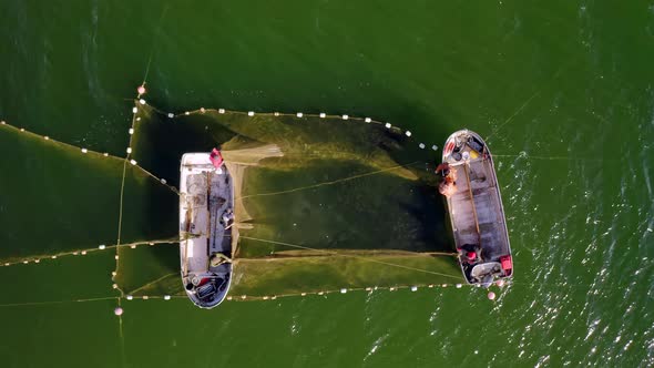 Aerial View to the Baltic Sea with the Fish Traps and Fishers