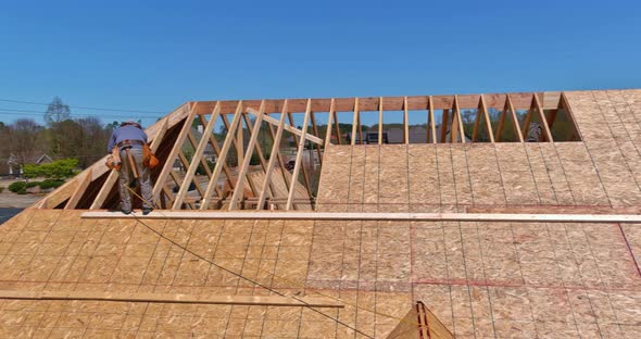 Carpenter with Nailing Plywood on Roof of the House