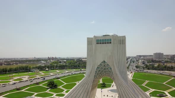 Aerial drone view of the Azadi tower in Tehran. Iran 2018, may. A monument located at Azadi Square.