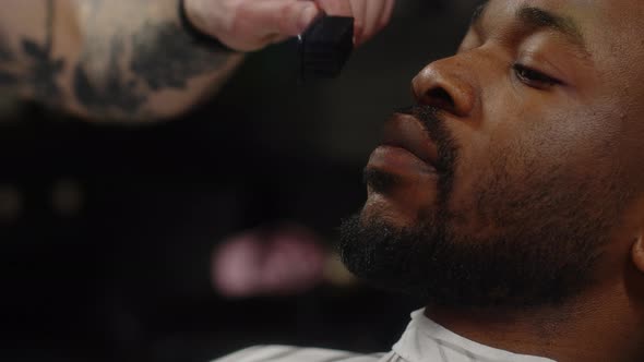 Barber Combing with a Brush and Grooming an African American Beard Hairstyle