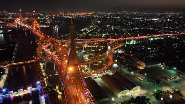 Aerial View of Bhumibol Bridge in Samut Prakan Bangkok Thailand