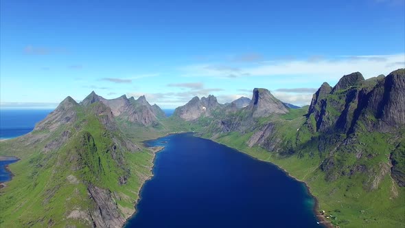 Aerial of fjord on Lofoten islands, Norway