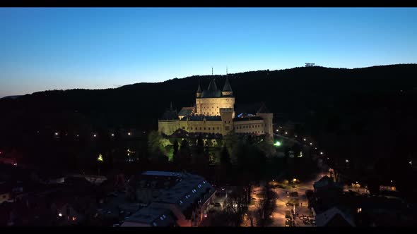 Aerial night view of Bojnice castle in Slovakia