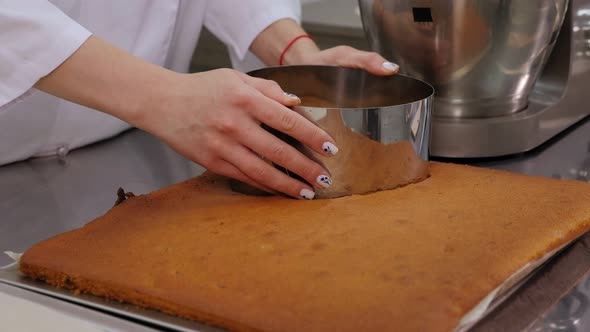 Closeup of a Pastry Chef Cuts a Round Shape From a Biscuit Dough for a Cake