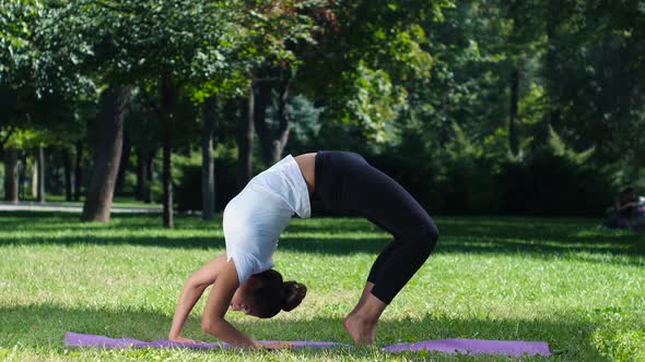 Girl Is Engaged in Yoga, Outdoors in a Park in Summer