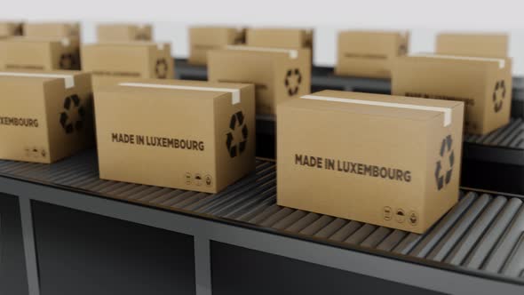 Boxes with MADE IN luxembourg Text on Conveyor