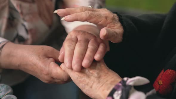 Crop senior women holding hands
