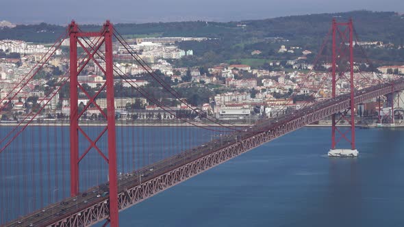 Bridge of 25Th April with Car Traffic in Lisbon