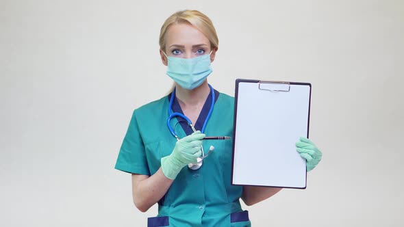 Medical Doctor Nurse Woman Wearing Protective Mask - Holding Plane Table
