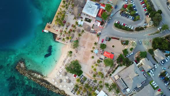 Overhead aerial view truck left of Jan Thiel beach, Curacao, Dutch Caribbean island