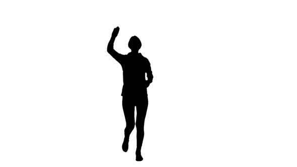 Girl Run and Waving. White Background. Slow Motion. Silhouette