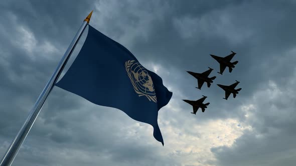 Waving United Nations Flag and Warplanes in the Sky