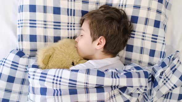 Little Kid Boy After Sleeping in Bed with Toy