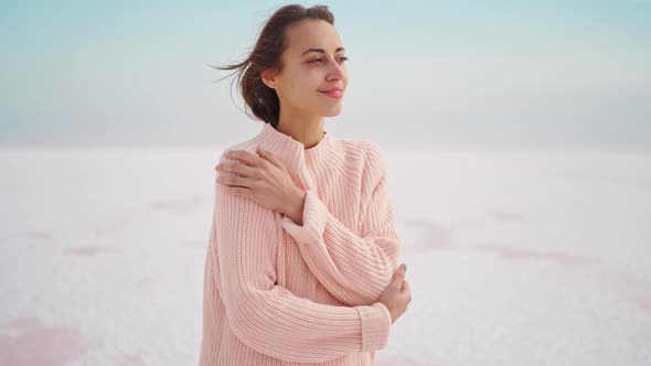 Close Up Portrait Carefree Woman in Pink Knitted Sweater in Beautiful Nature Landscape Looks Like