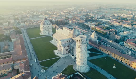 Flyover Leaning Tower of Pisa at Sunset